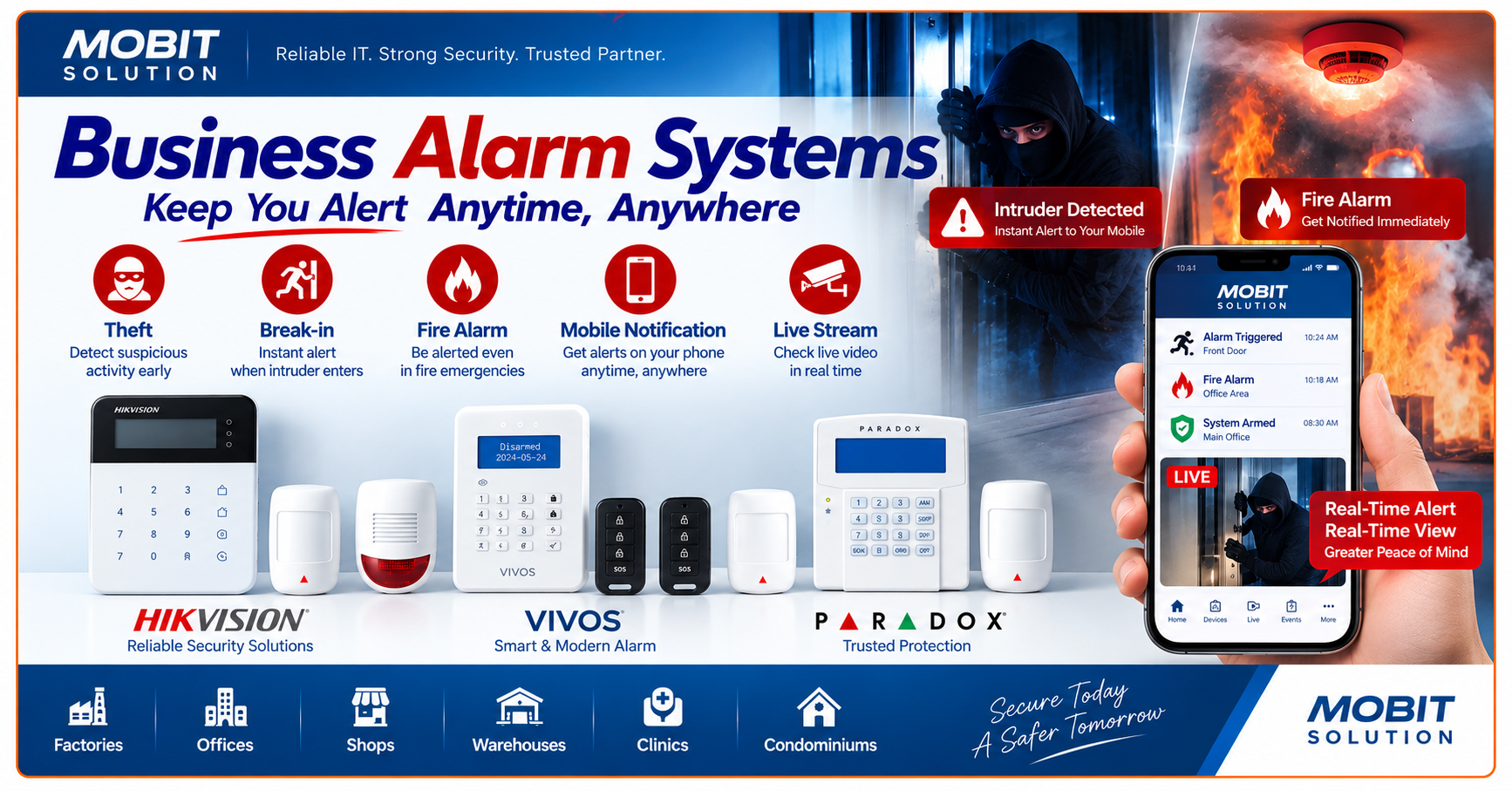 Business alarm systems with theft break-in fire mobile notification and live stream alerts