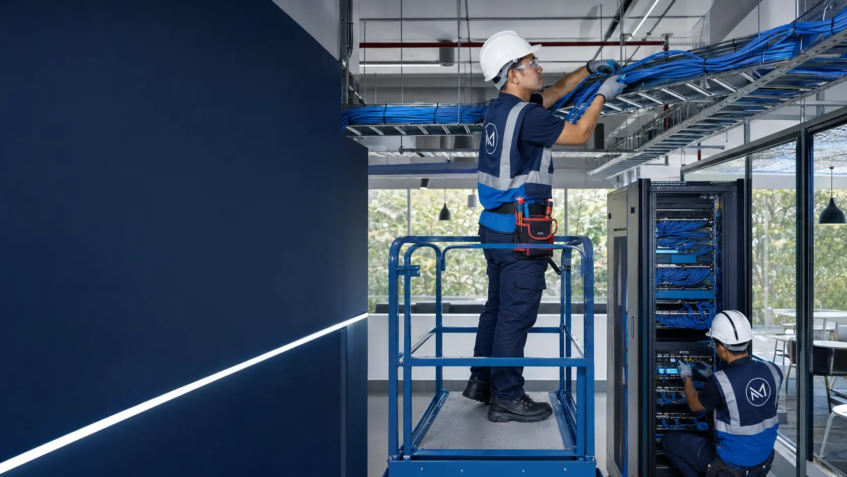 Fully equipped Mobit Solution technicians installing structured network cabling at a Penang commercial site