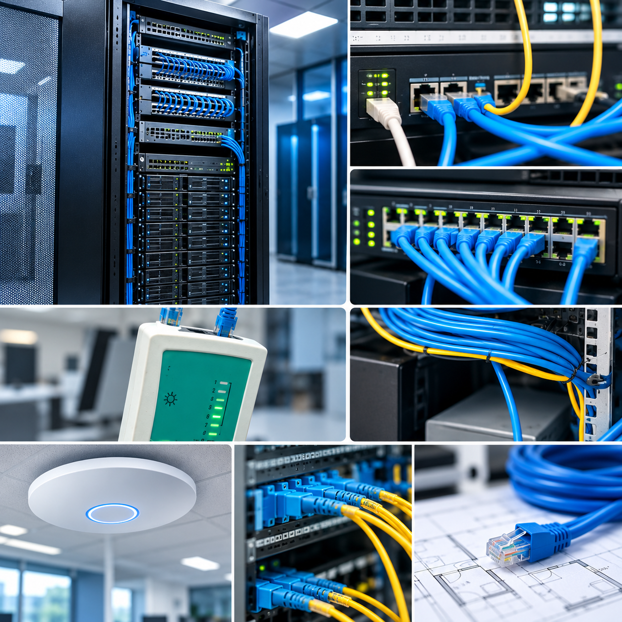 Network rack managed switch Wi-Fi fibre structured cabling and cable testing