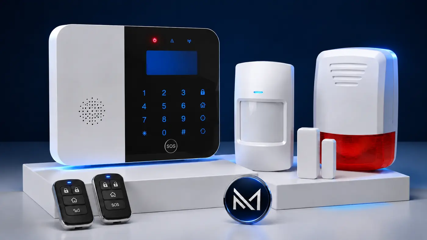 Commercial alarm panel, detector, siren and remote controls
