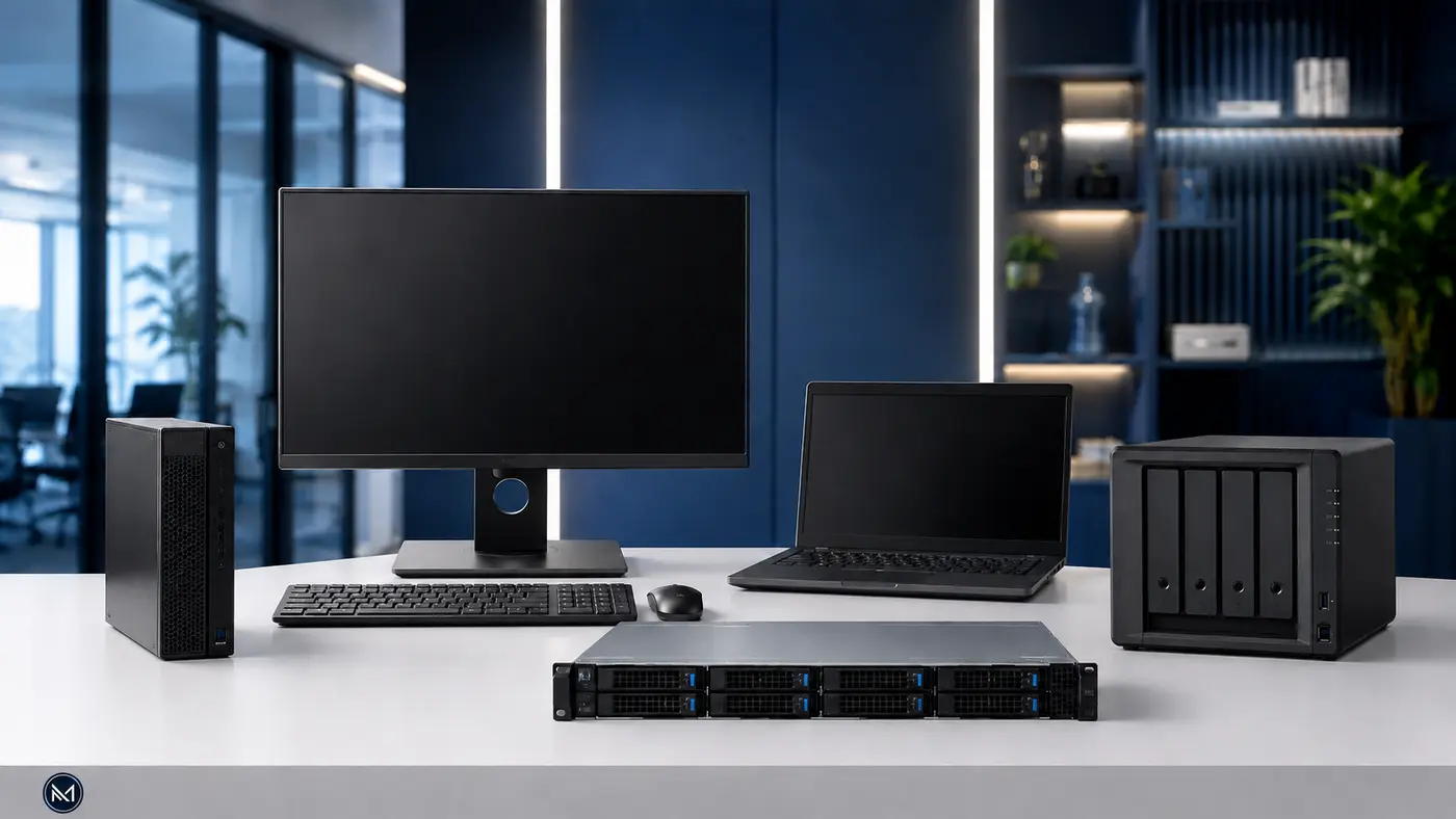 Professional desktops, laptops, server and NAS equipment in Mobit blue and white presentation