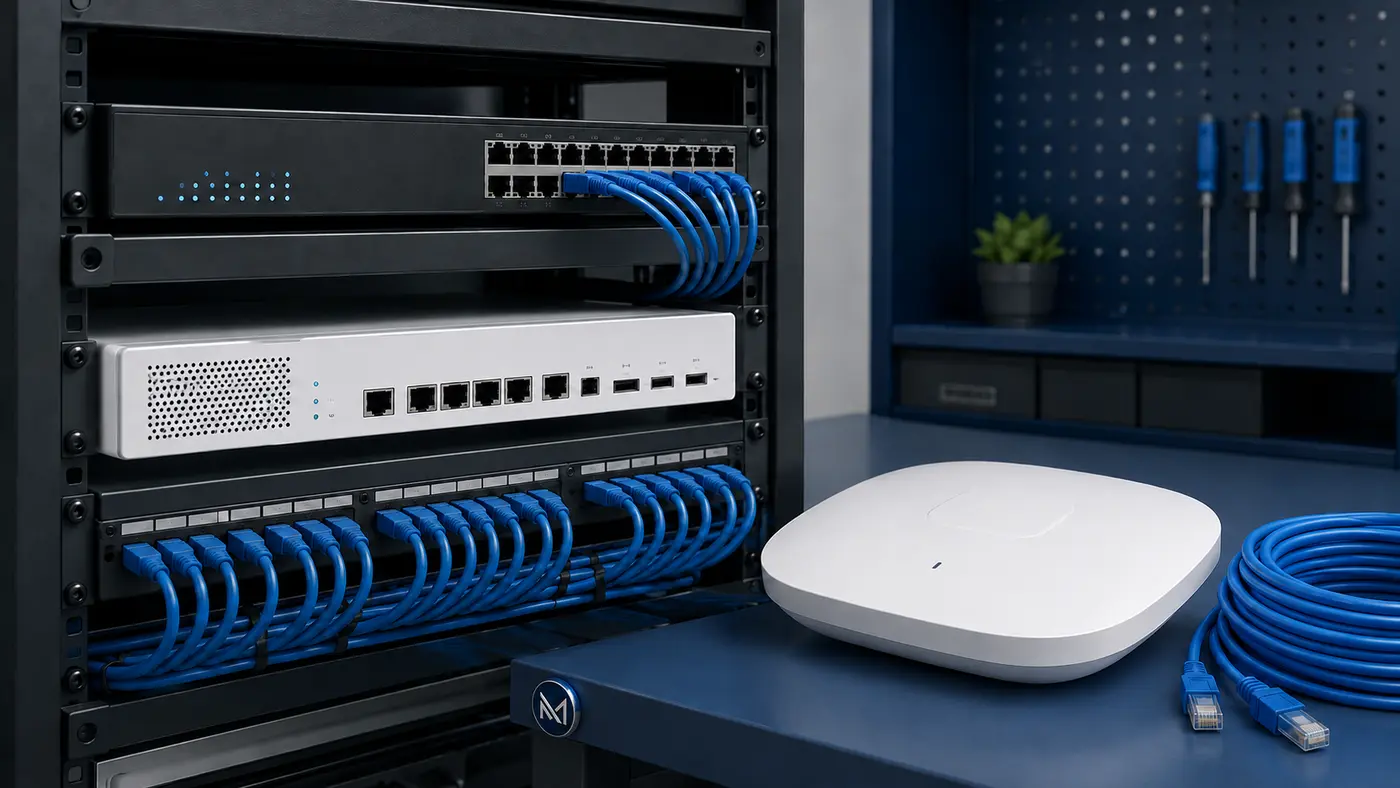 Professional network rack, managed switches, patch panel and enterprise Wi-Fi