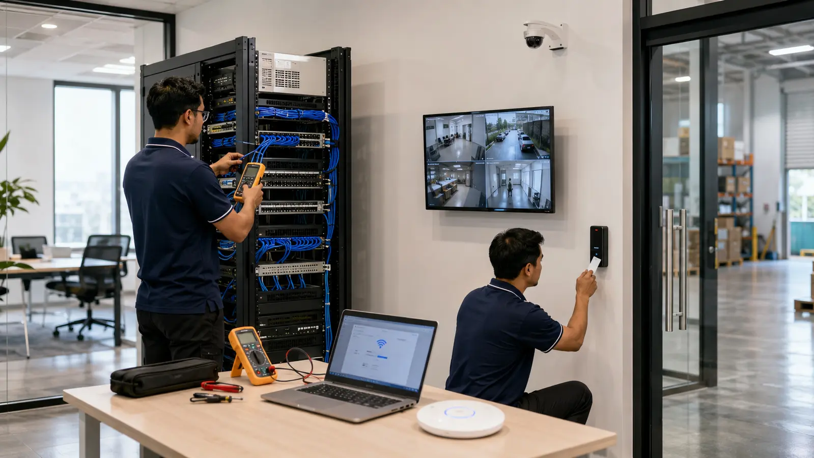 Mobit Solution technicians testing network, CCTV and smart door access systems